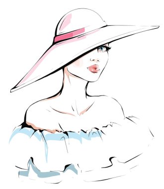 Şapkalı güzel bir genç kadın. Moda kızı. Vektör illüstrasyonu.