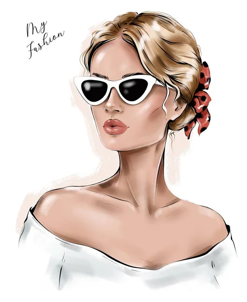 Schöne Mädchen Mit Sonnenbrille Frau Mit Blonden Haaren Modeillustration — Stockfoto
