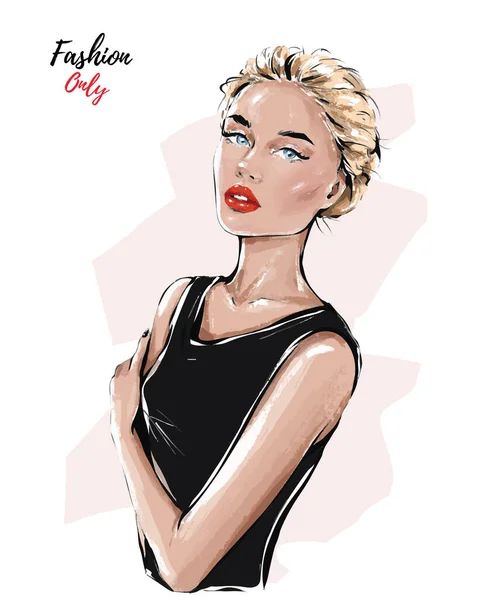 Hand Drawn Beautiful Young Woman Blond Hair Girl Fashion Woman — Stock Vector