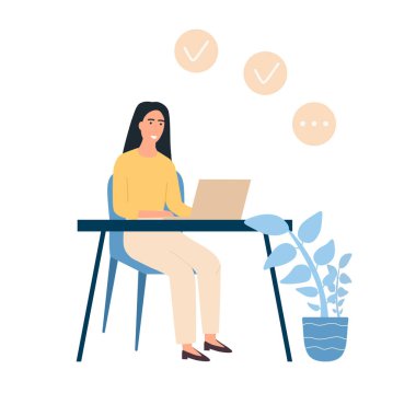 Başarılı bir iş kadını görevlerini etkili bir şekilde yönetir. Evden çalışıyorum. Dışarıdan çalışan biri. Dizüstü bilgisayarda çalışan serbest çalışan biri. İşteyken birden fazla iş. Masa başı işyeri. Düz Vektör İllüstrasyonu