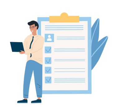 Çalışan İşe Alma Konsepti. Bir erkek bu iş için en iyi adayı seçer. Potansiyel çalışanlar hakkında bilgi topluyorum. Profesyonel personel aranıyor. Düz Vektör İllüstrasyonu