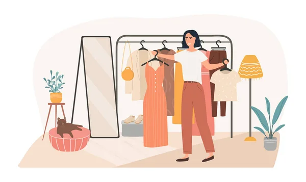 Cute girl chooses clothes from the hanger. Confusion young woman in dressing room. Trendy beautiful girl makes a difficult choice. The problem of choice. Flat Cartoon Vector Illustration — Stock Vector