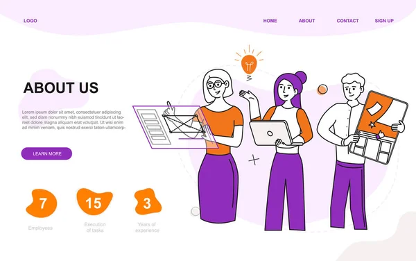 Unga kreativa team av experter tillhandahåller lösningar för företag. Företagskoncept. Illustration av affärsmallen. Kommer att bli en prefekt som landningssida. Digital utveckling. Disposition Flat Vector — Stock vektor