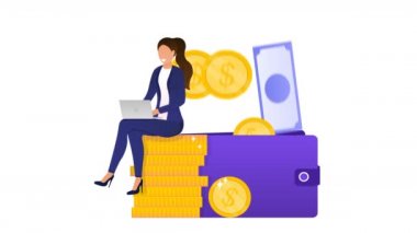 Genç ve başarılı bir kadın para kazanır. Bilgisayarda çalışan iş kadını gelirini arttırıyor. Ekonomik bağımsızlık. Bağımsız bir konsept de olabilir. E-ticaret. Çevrimiçi İş Yüksek Kalite Canlandırması