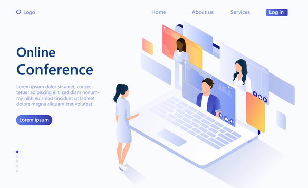 Video conferencing concept. Remote negotiations. Management of the company through video communication. Online communication of the company. Beautifully drawn people in the style of 3D isometric