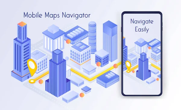 Map a small town on smart phone. GPS route map. Navigation app on screen. Isometric Vector illustration. Vector Graphics