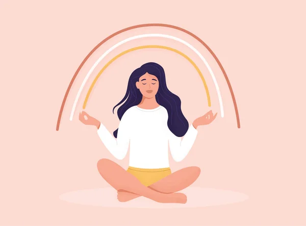 Smiling girl are sitting under a rainbow. Body positive and health care concept. Freedom lifestyle concept. Creating good vibes. Flat Vector Illustration. Vector Graphics