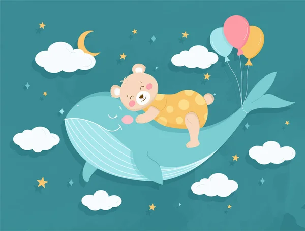 Милый плюшевый мишка спит на сказочном ките. Карикатура для детей, ткань, канцелярские принадлежности, одежда и пижама. Плоская векторная иллюстрация — стоковый вектор
