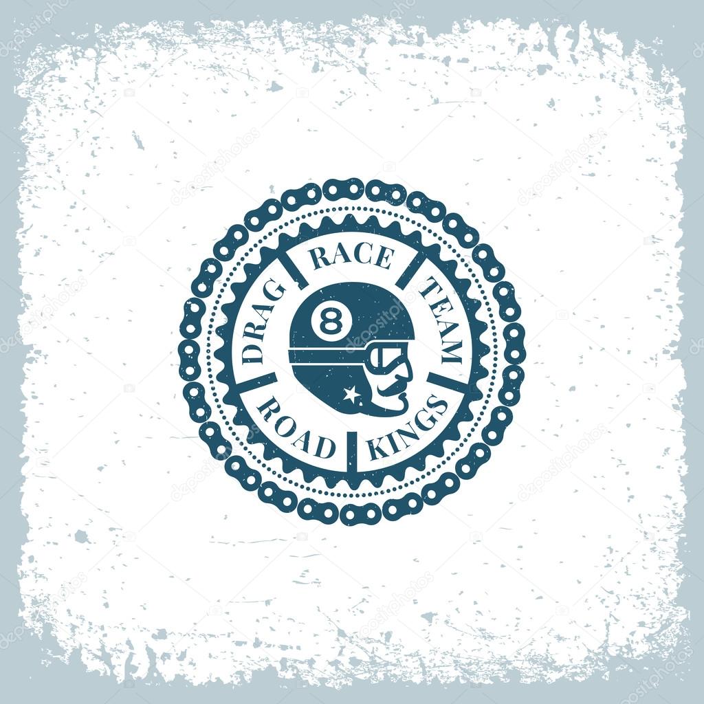 Vintage label with man in a helmet, chain and cogwheel on grunge background for t-shirt print, poster, emblem. Vector illustration.