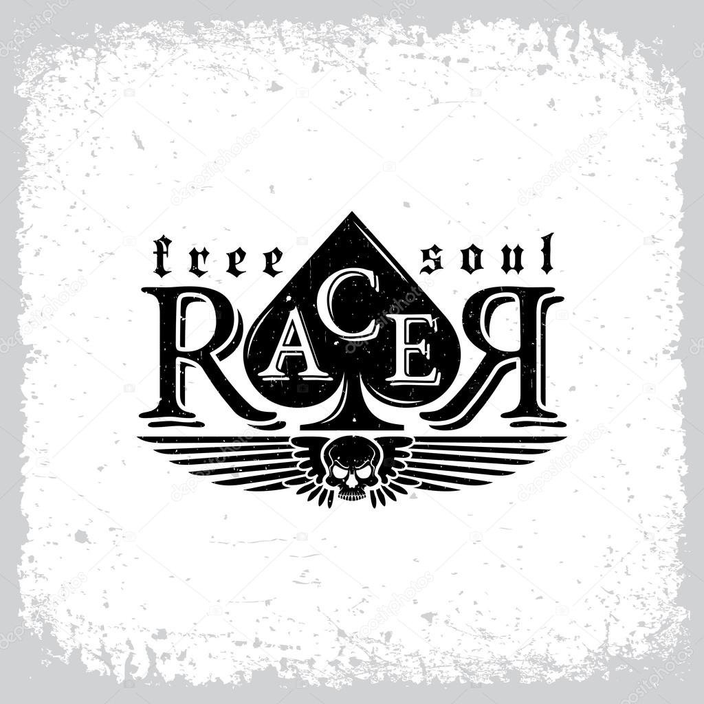 Vintage label with word 'Racer', skull, wings and ace of Spades on grunge background for t-shirt print, poster, emblem. Vector illustration.