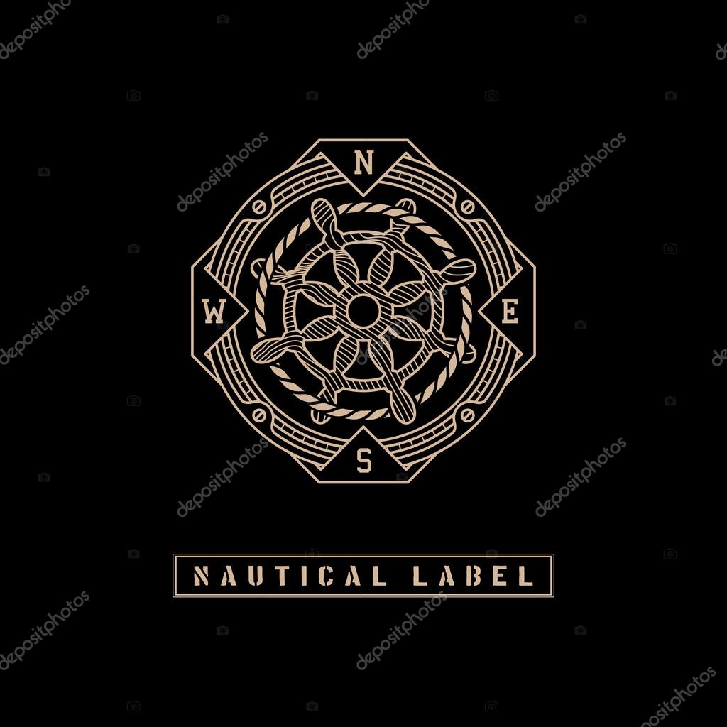 Template design label with rope, steering wheel and directions of the compass in trendy linear style on black background. Vector illustration.