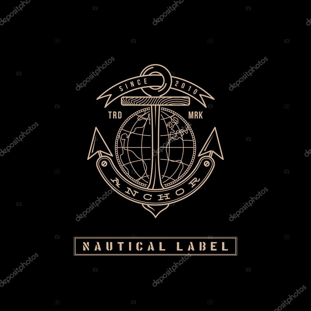Template design label with globe and anchor in trendy linear style on black background. Vector illustration.