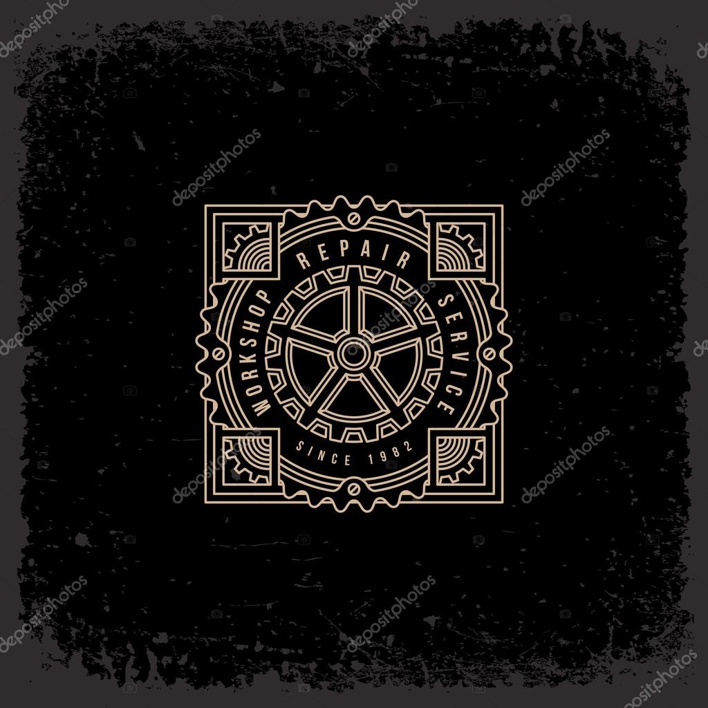 Template design label with cogwheel in trendy linear style on grunge background. Vector illustration.