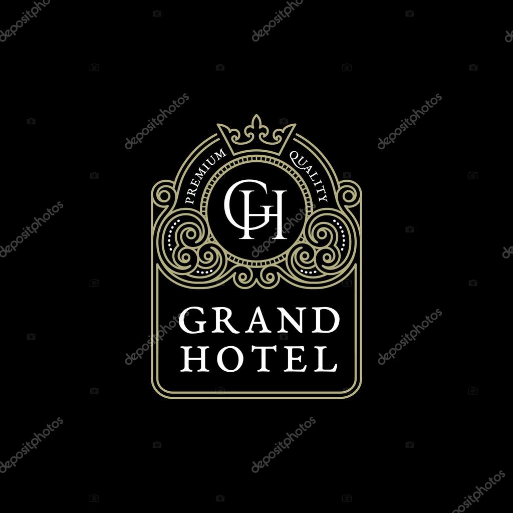 Vintage flourishes ornament label template with crown in trendy linear style. Vector illustration.