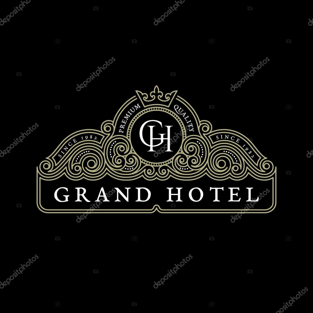Vintage flourishes luxury elegant ornament label template with crown in trendy linear style. Vector illustration.