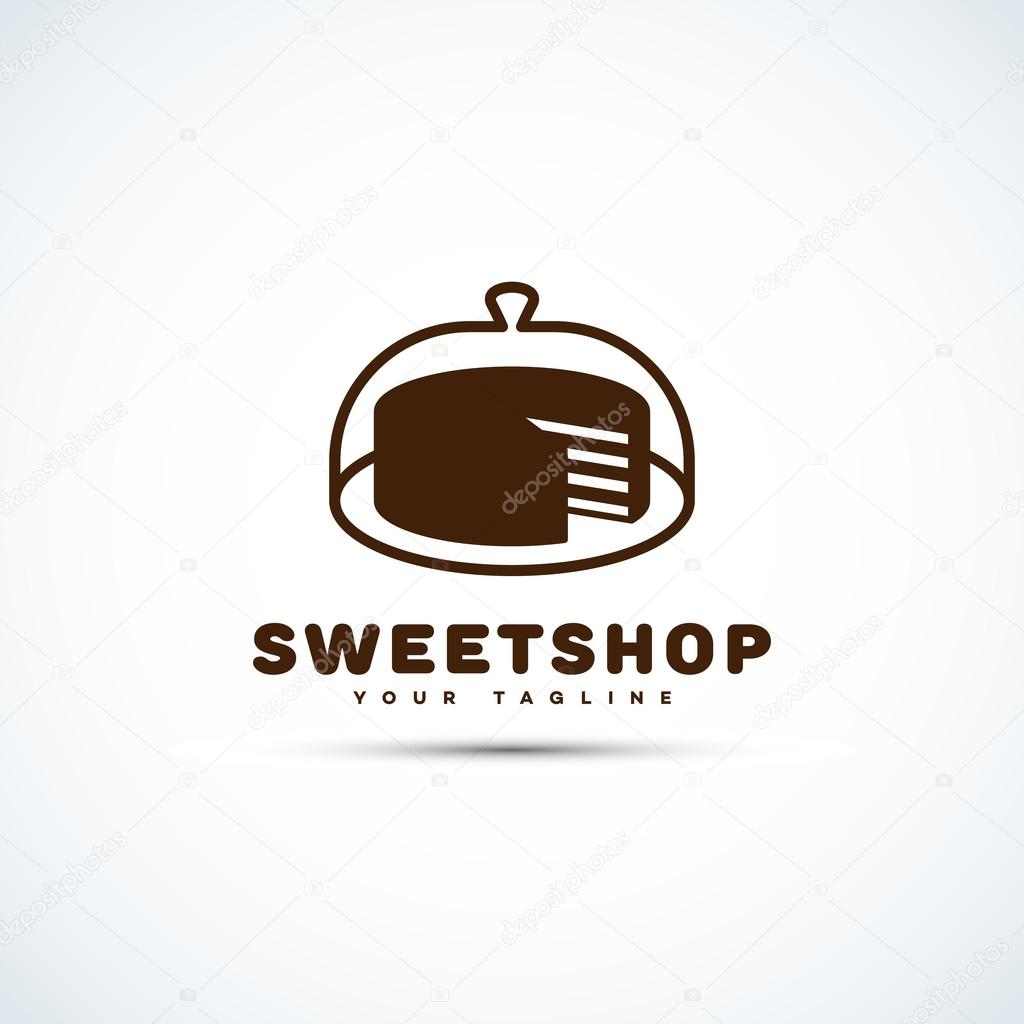 Sweet shop logo template design with chocolate cake. Vector illustration.