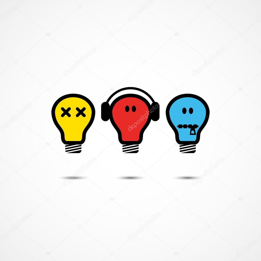 Logo design template with three colored light bulbs. Vector illustration.
