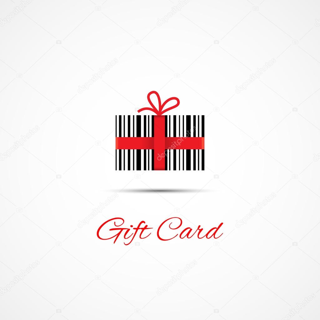 Label design template for gift card with barcode and red ribbon. Vector illustration.