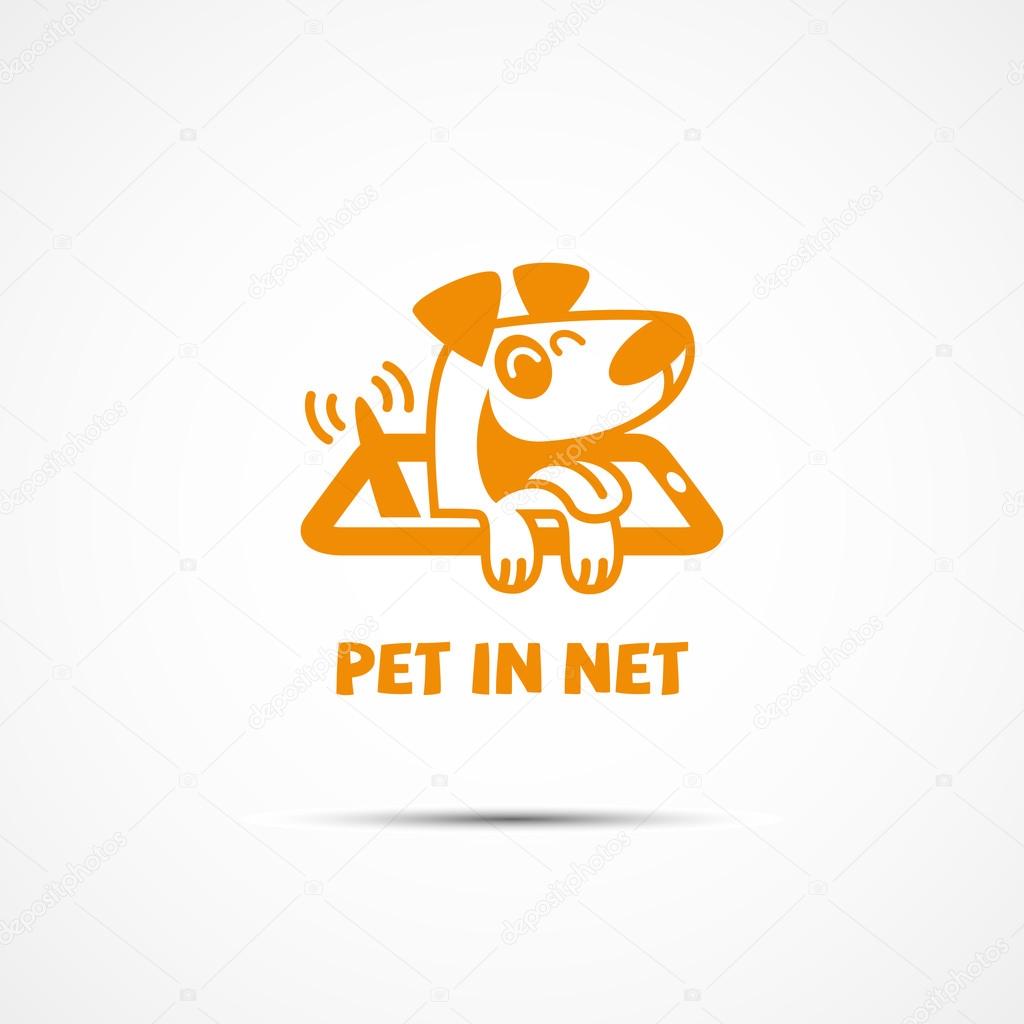 Funny logo for online services for pets with a dog in phone. Vector illustration.