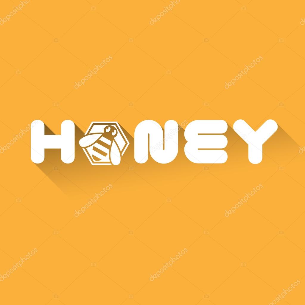 Logo design template in the form of a stylized word honey with bee and shadow in flat style. Vector illustration.
