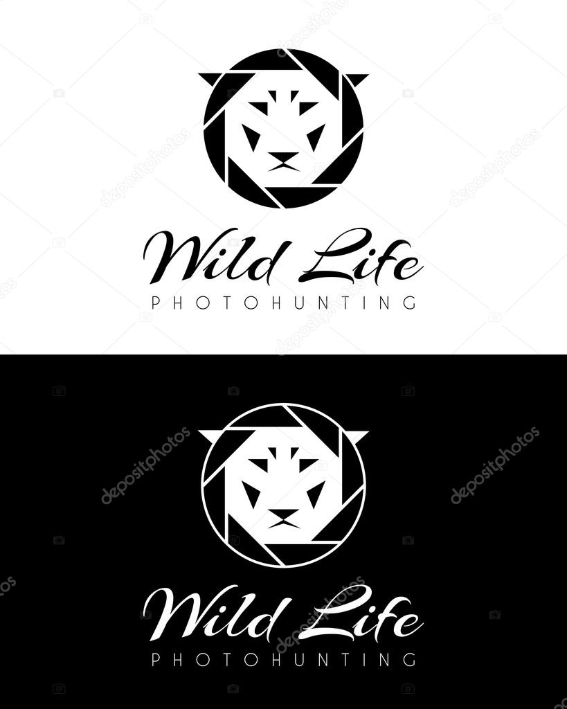 Logo with the diaphragm of the camera and the muzzle of a lion. Vector illustration.