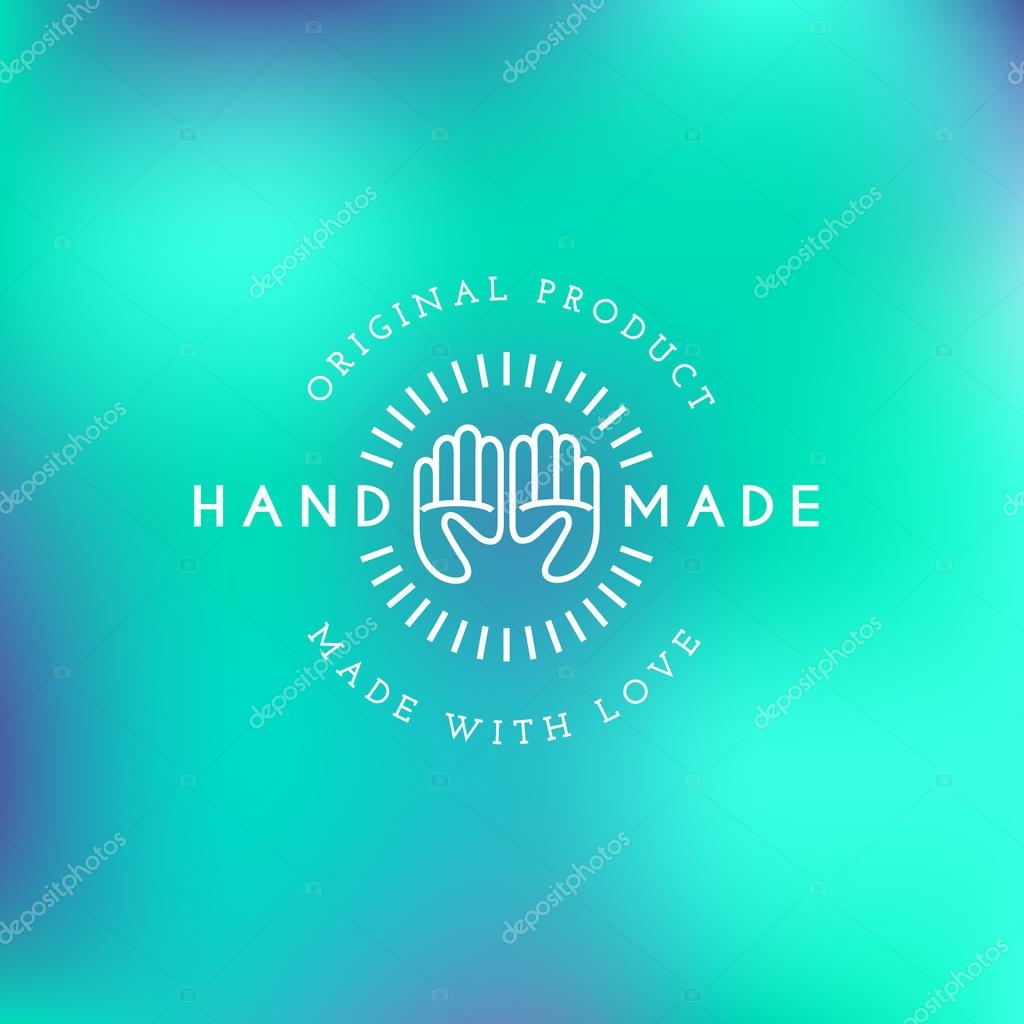 Label design template with hands and rays for handmade products in outline trendy style. Vector illustration.