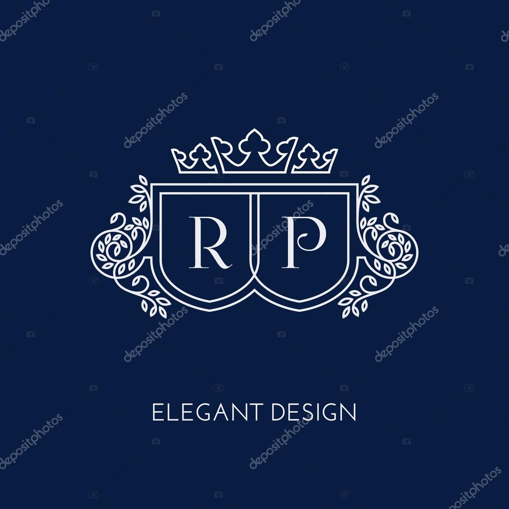Simple and elegant monogram design template for two letters R P with a triple crown. Vector illustration.