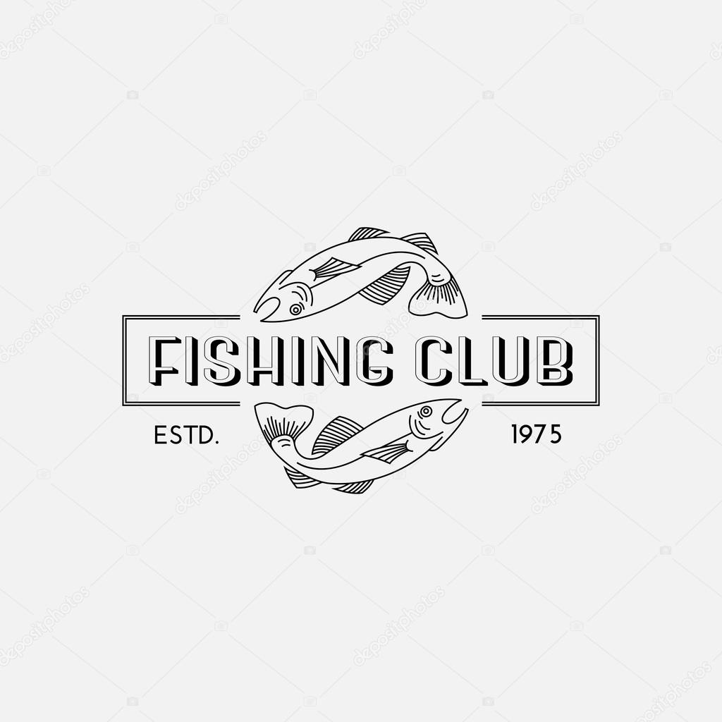 Template for logos, labels and emblems in outline style with two fish and title. Black and white. Vector illustration.
