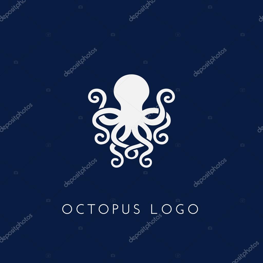 Template for logos, labels and emblems with white silhouette of octopus. Vector illustration.