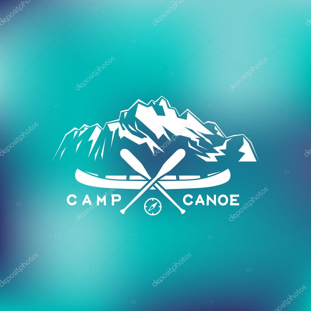 Template for logos, labels and emblems with two paddles, canoe, mountains and compass. Vector illustration.