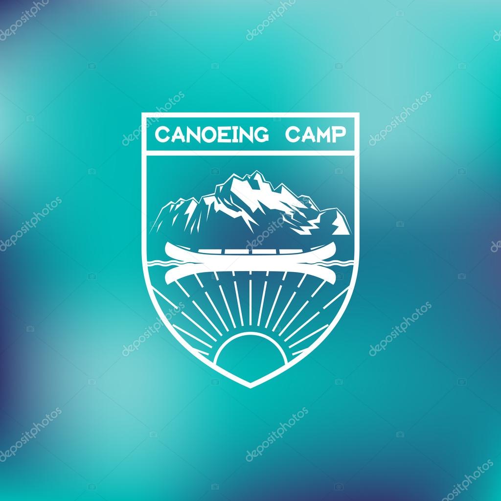 Template for logos, labels and emblems with canoe, mountains and sunbeams. Vector illustration.
