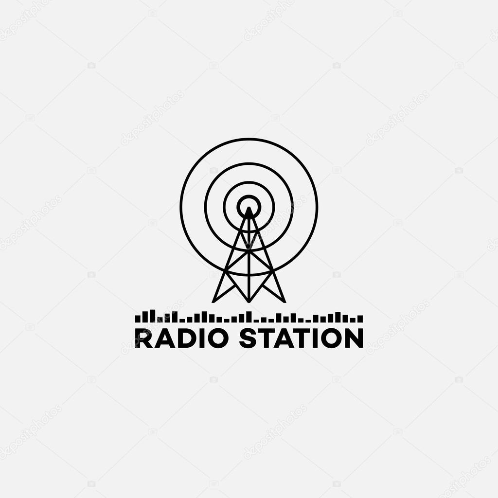 Template for logos, labels and emblems in outline style with radio tower and equalizer. Black and white. Vector illustration.