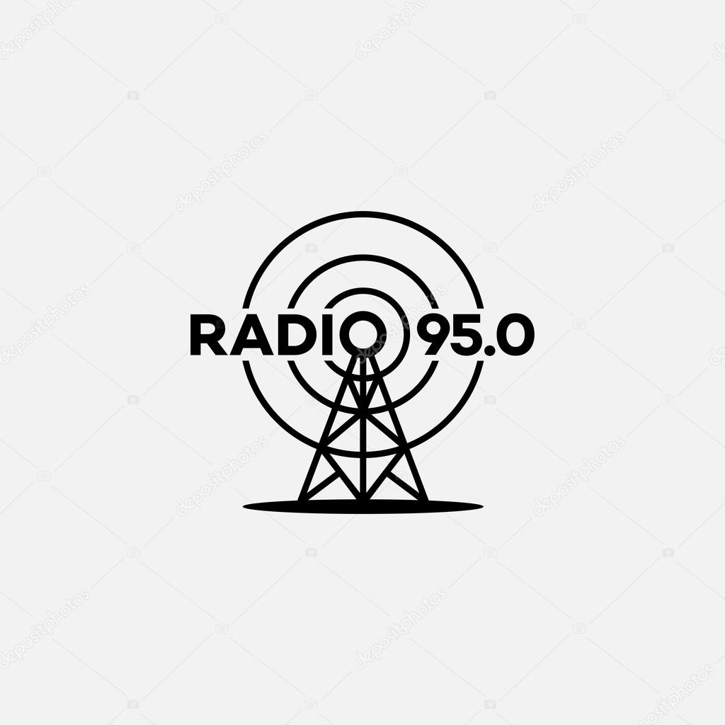 Template for logos, labels and emblems in outline style with radio tower. Black and white. Vector illustration.