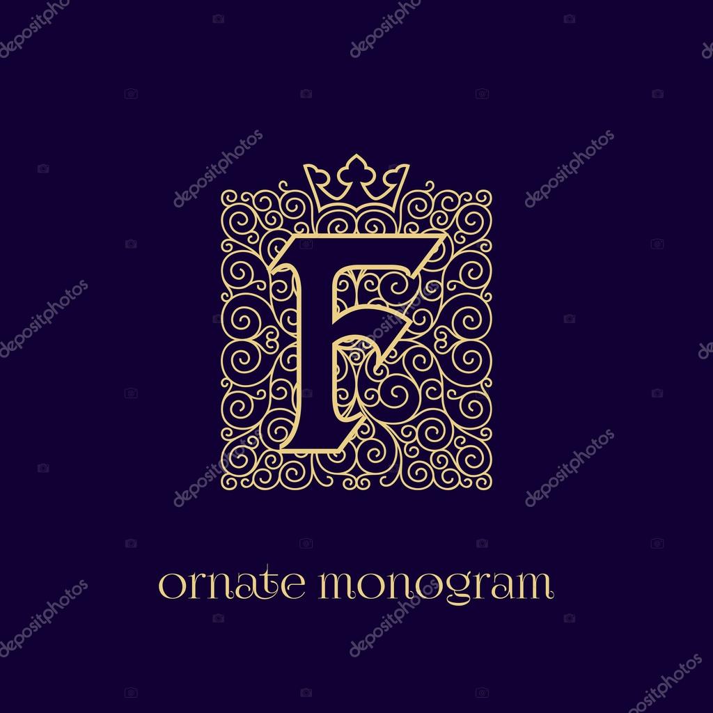 Ornate and elegant monogram design for a single letter F with crown. Outline. Vector illustration.