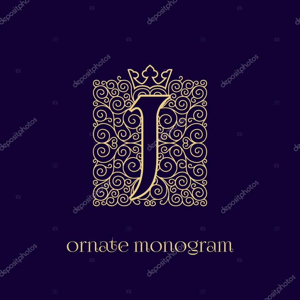 Ornate and elegant monogram design for a single letter J with crown. Outline. Vector illustration.