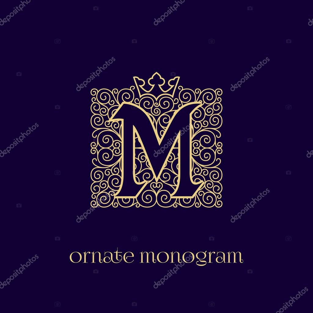 Ornate and elegant monogram design for a single letter M with crown. Outline. Vector illustration.