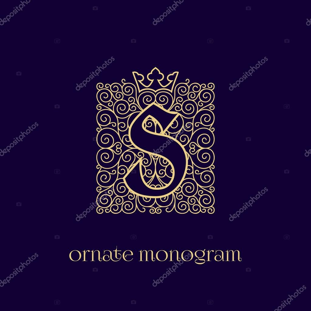 Ornate and elegant monogram design for a single letter S with crown. Outline. Vector illustration.