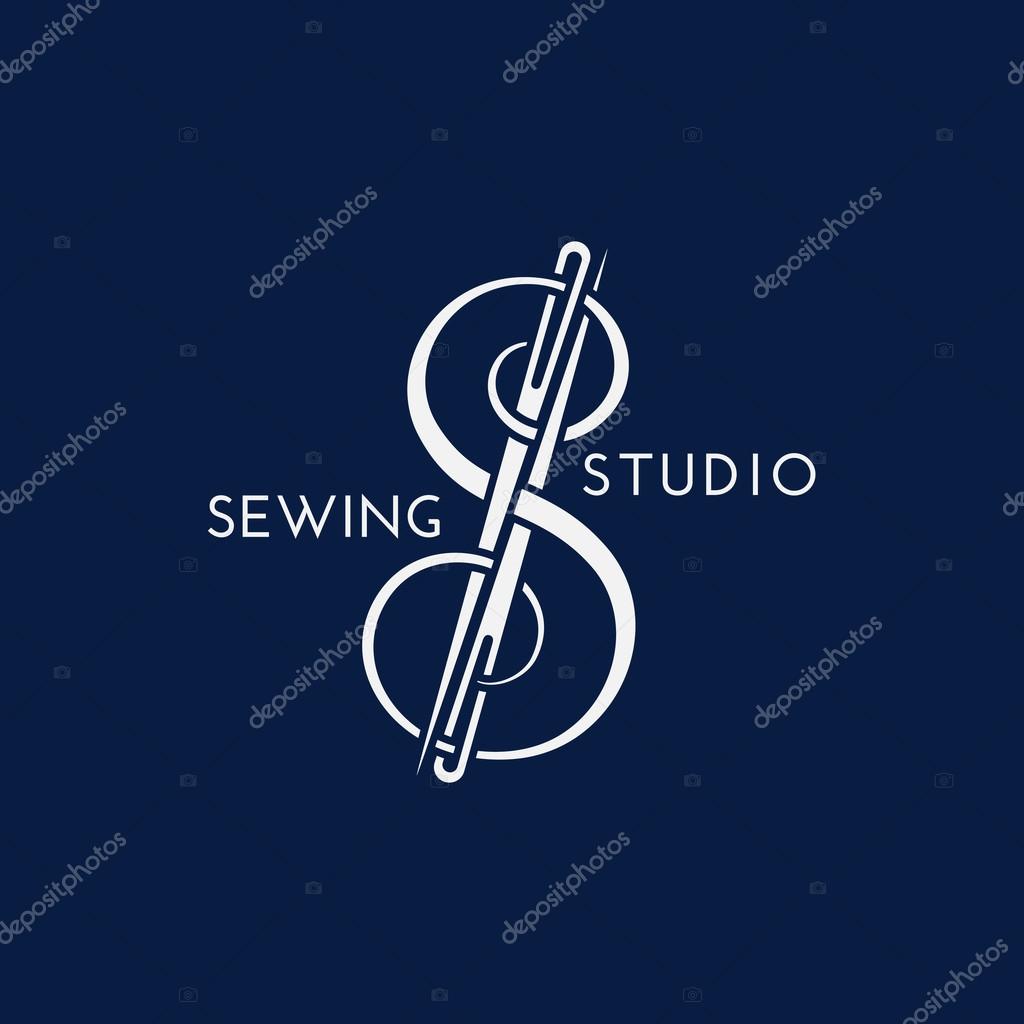 Template for logos, labels, emblems with thread and needles. Vector illustration.