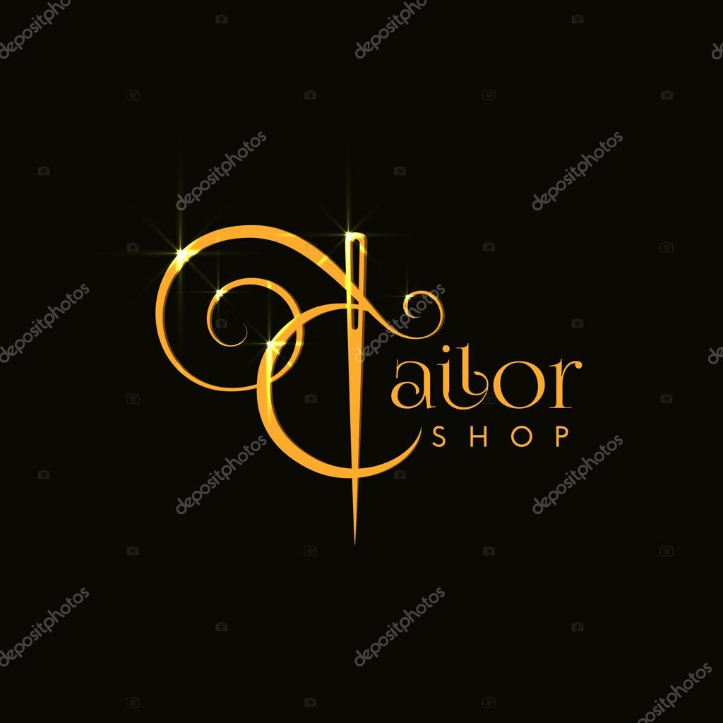 Template for logos, labels, emblems with gold thread and needle. Vector illustration.