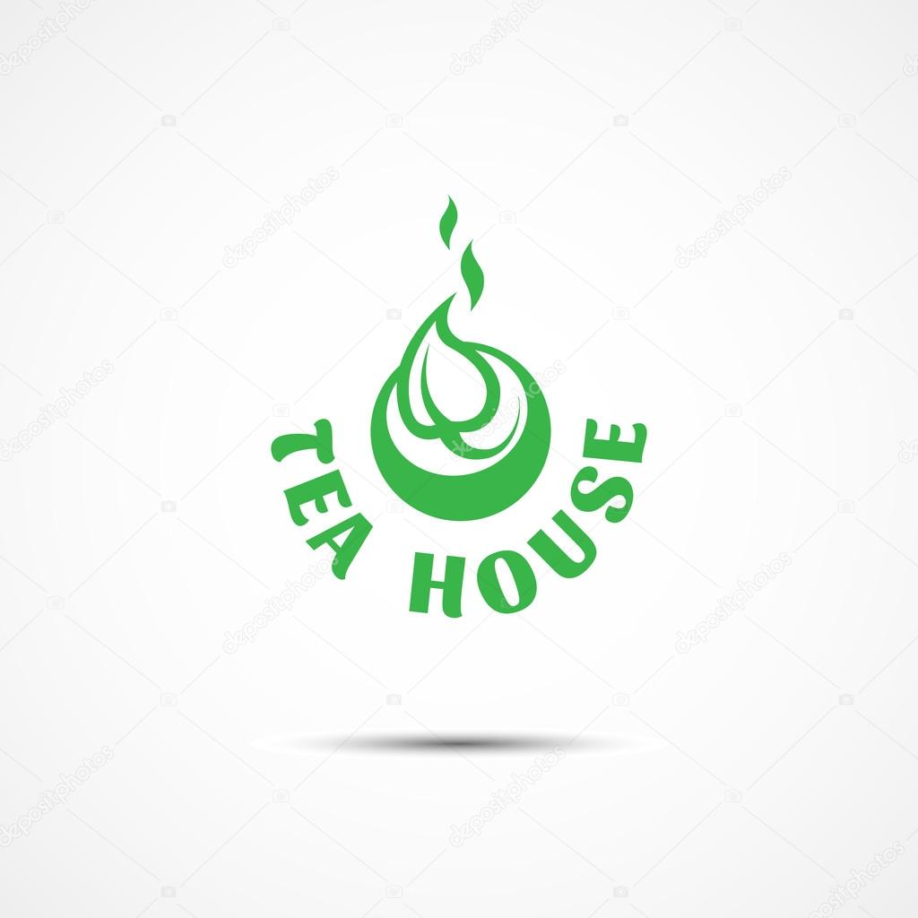 Template for logos, labels, emblems with green leaf and teacup. Vector illustration.