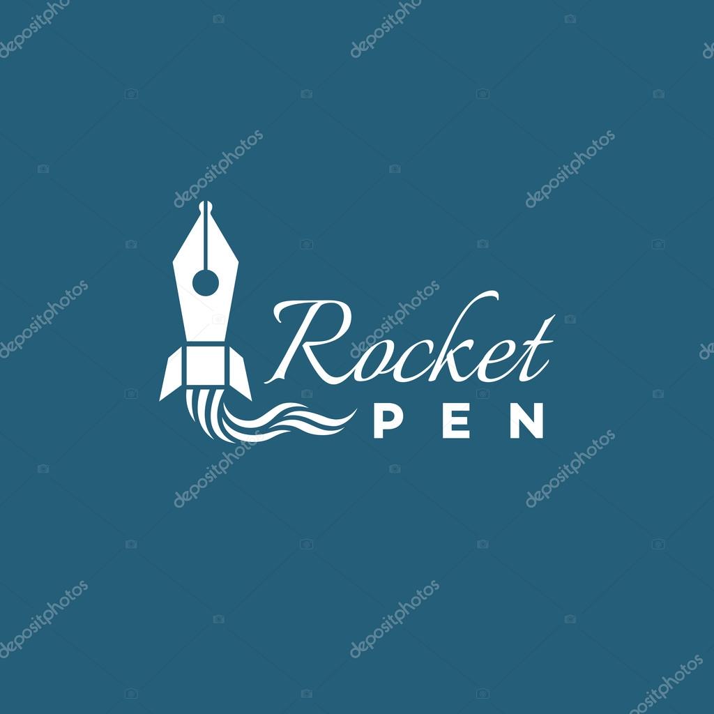 Template for logos, labels, emblems with stylized rocket and pen. Vector illustration.