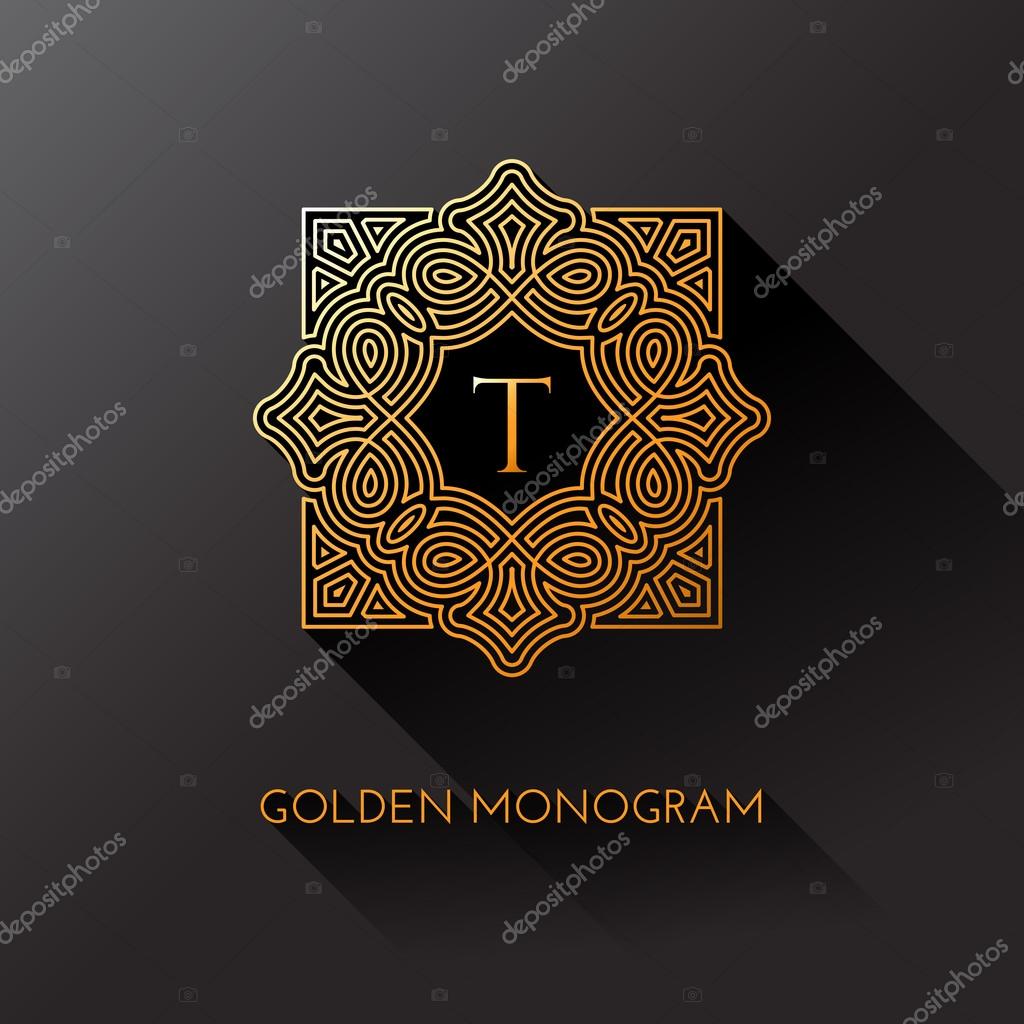 Golden elegant monogram with letter T. Template design for monogram, label, logo, emblem. Vector illustration.