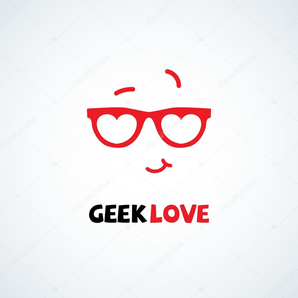 Geek logo design template with face in glasses in form of hearts . Vector illustration.