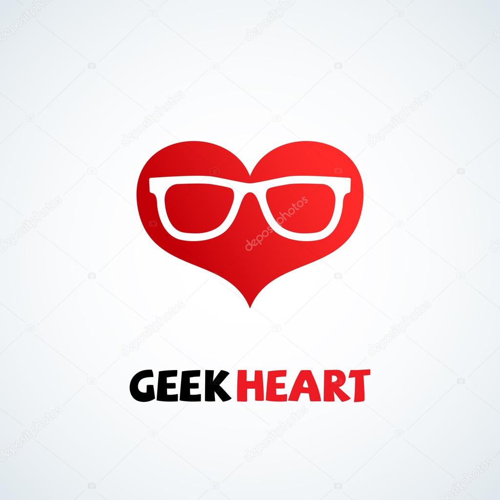 Geek logo design template with heart in glasses. Vector illustration.