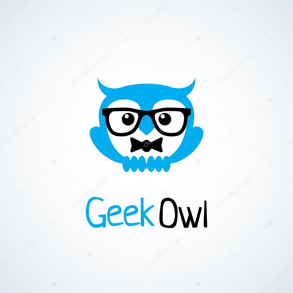 Geek logo design template with owl in glasses and bow tie. Vector illustration.