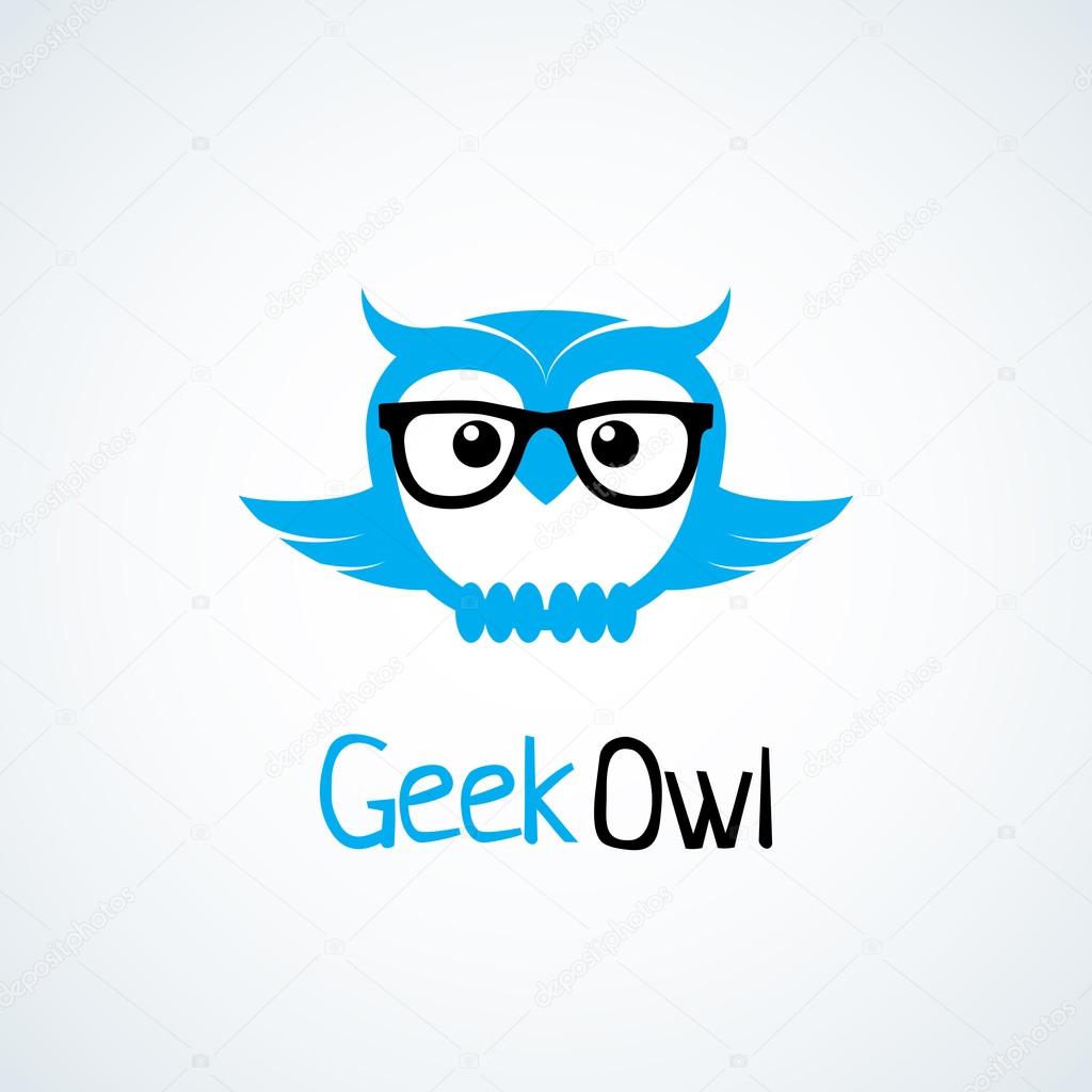 Geek logo design template with owl in glasses. Vector illustration.