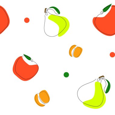 Vector seamless pattern with apple, peach, pear and decorative elements. Minimal design for packages, wallpaper, kid clothes, sets of bed-linen and other textile