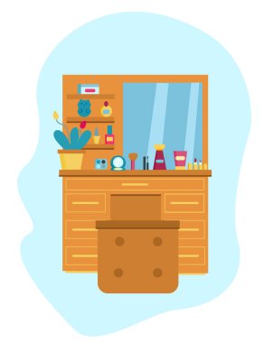 Parlak renklerde giyinme masası. Web, reklam, kartlar, posterler için vektör illüstrasyon kavramı