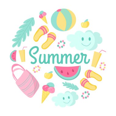 Harflerle birlikte yaz vektör bileşimi. Web tasarımı, el ilanları, kartlar, davetiyeler için düz plaj ögeleri