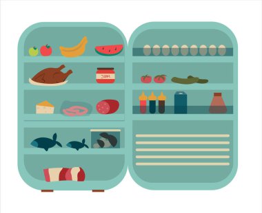 Farklı yiyeceklerle dolu yeşil buzdolabı. Web tasarımı için vektör düz illüstrasyon, reklamlar
